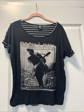 bobeau Black Rock & Roll Graphic Tee with Striped Trim